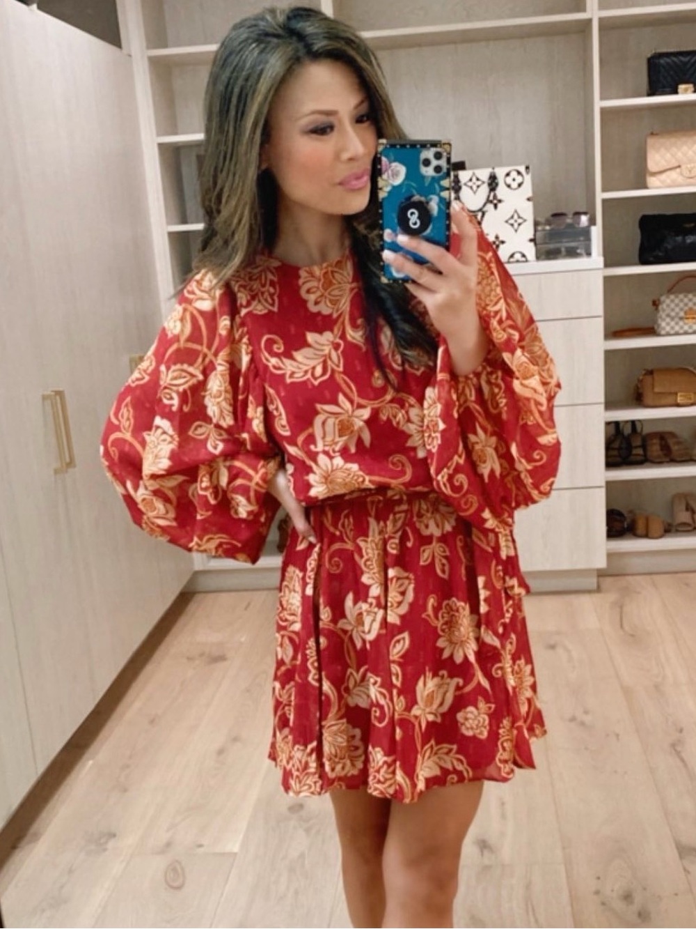 Red Floral Mini Dress with Balloon Sleeves